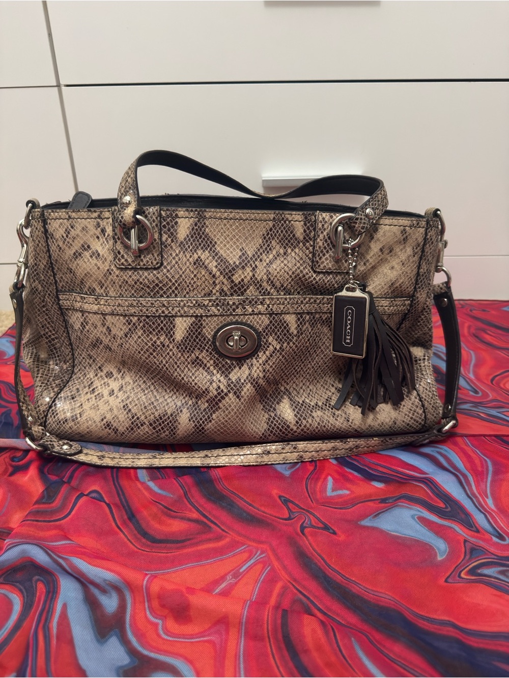 Coach Park Python Embossed Leather Carryall Tote Bag Silver Turnlock F24384